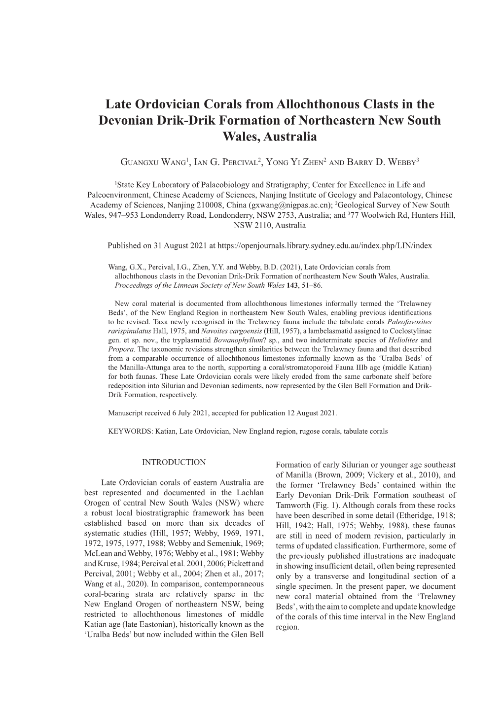 Late Ordovician Corals from Allochthonous Clasts in the Devonian Drik-Drik Formation of Northeastern New South Wales, Australia