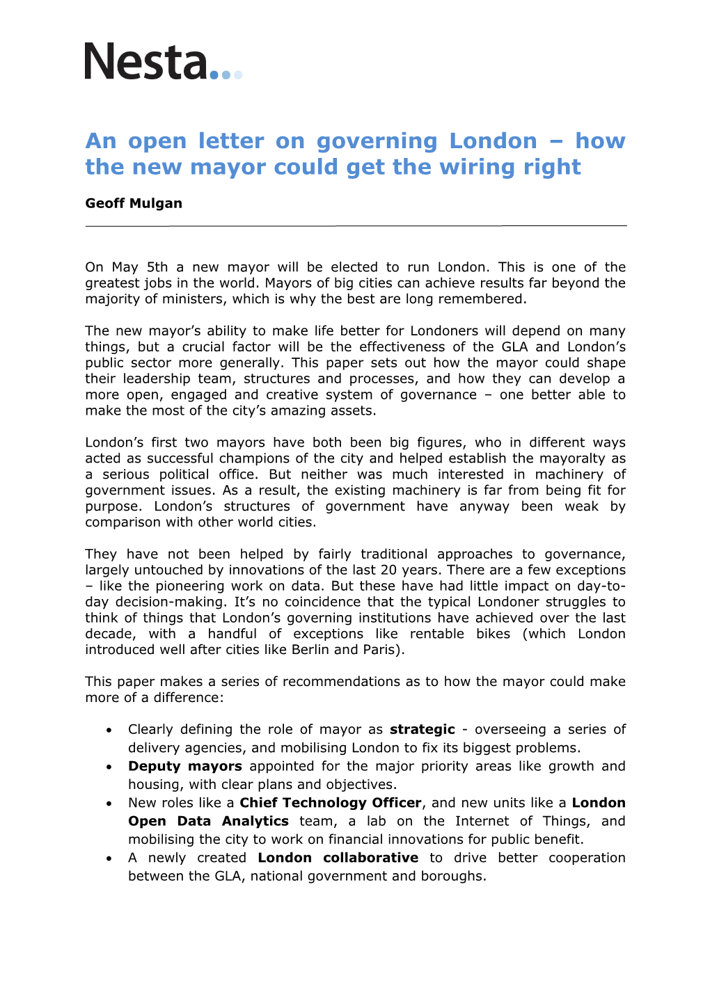 An Open Letter on Governing London – How the New Mayor Could Get the Wiring Right