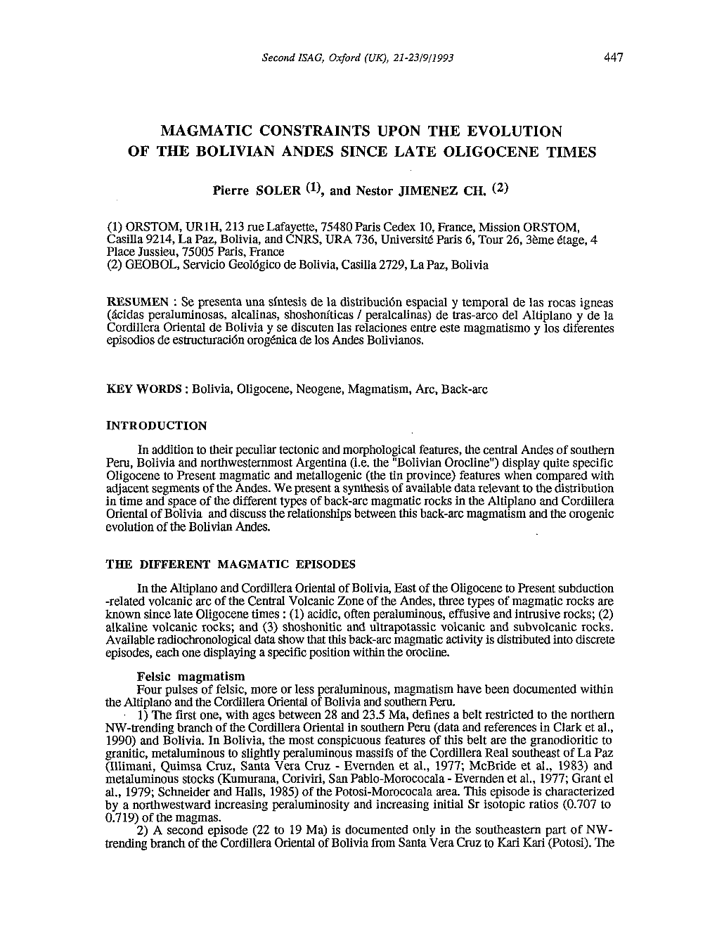 Magmatic Constraints Upon the Evolution of the Bolivian Andes Since Late Oligocene Times