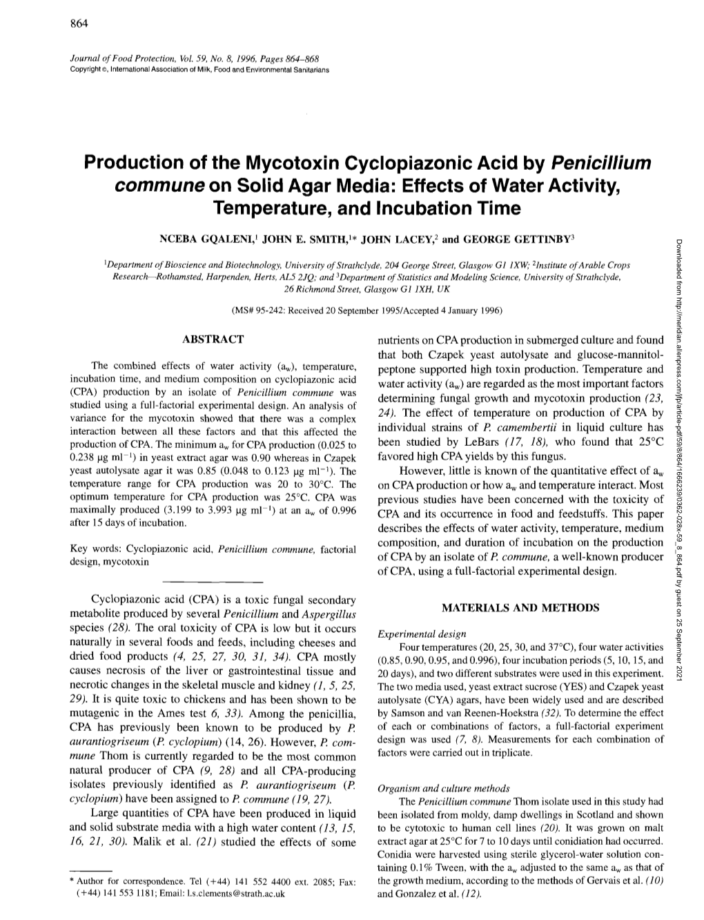 Production of the Mycotoxin Cyclopiazonic Acid by &lt;I