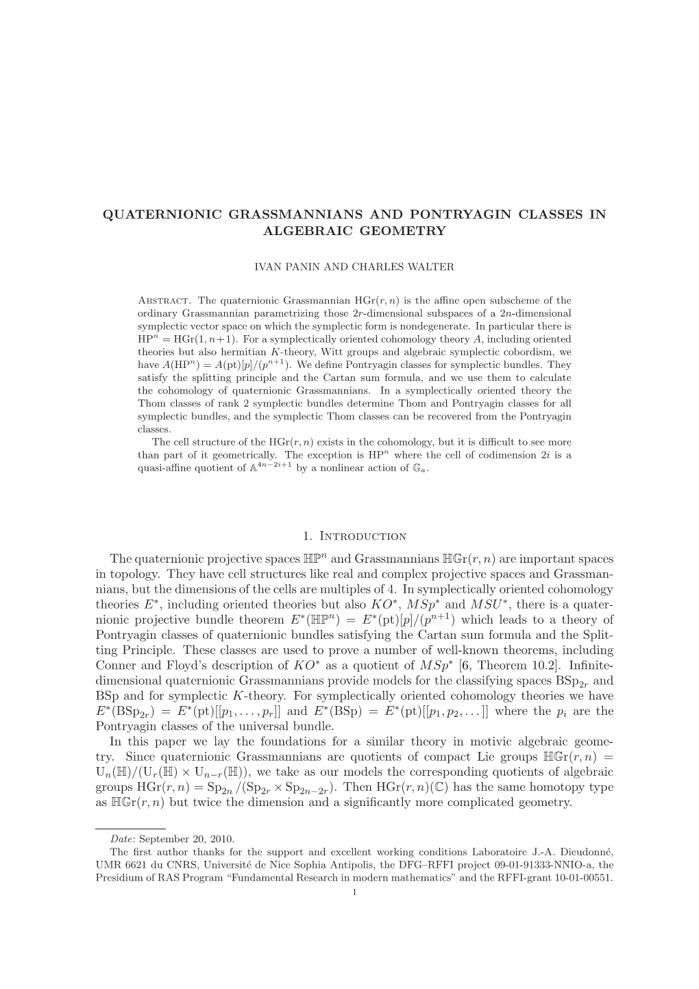 Quaternionic Grassmannians and Pontryagin Classes in Algebraic Geometry