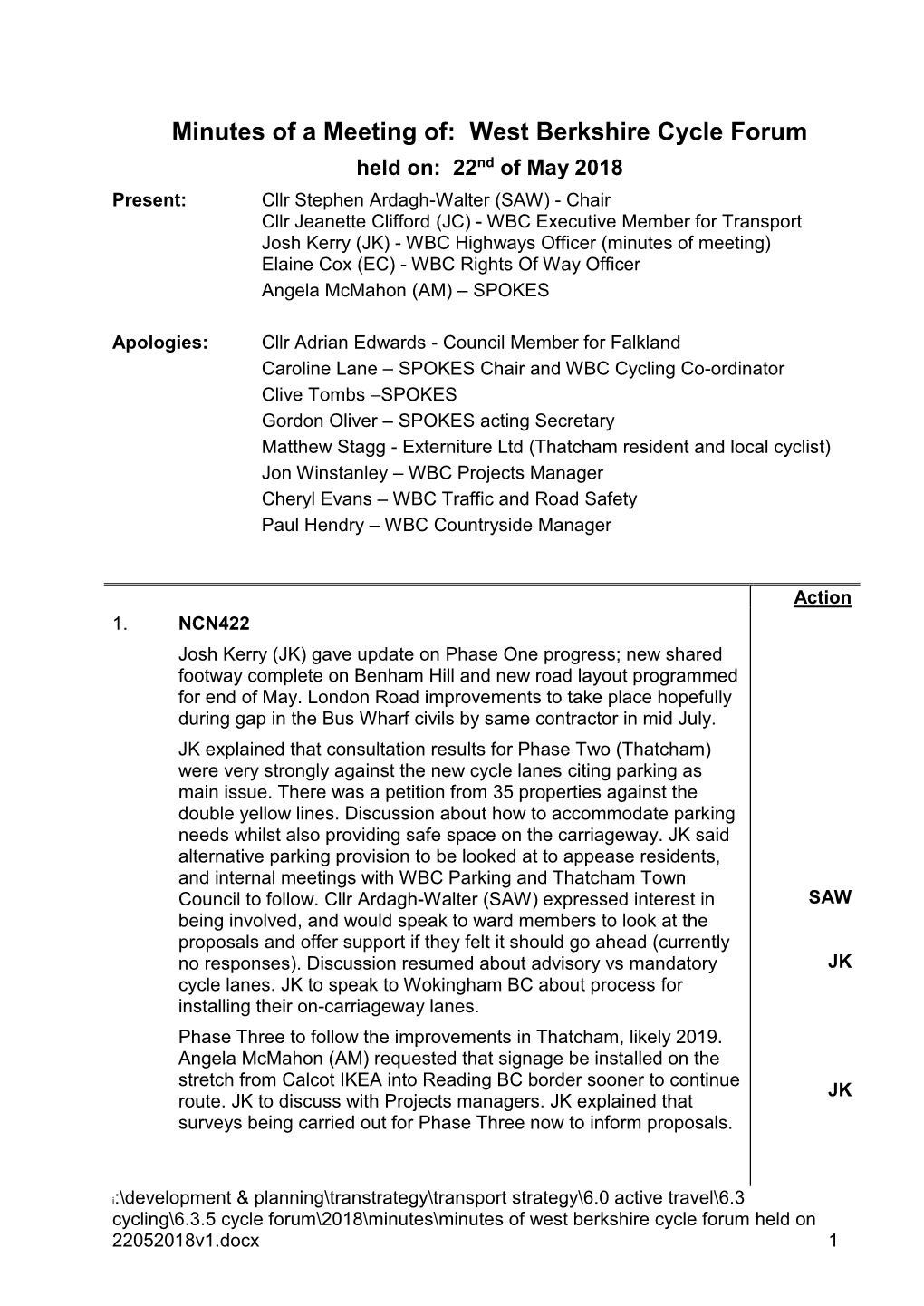 Minutes of a Meeting Of: West Berkshire Cycle Forum