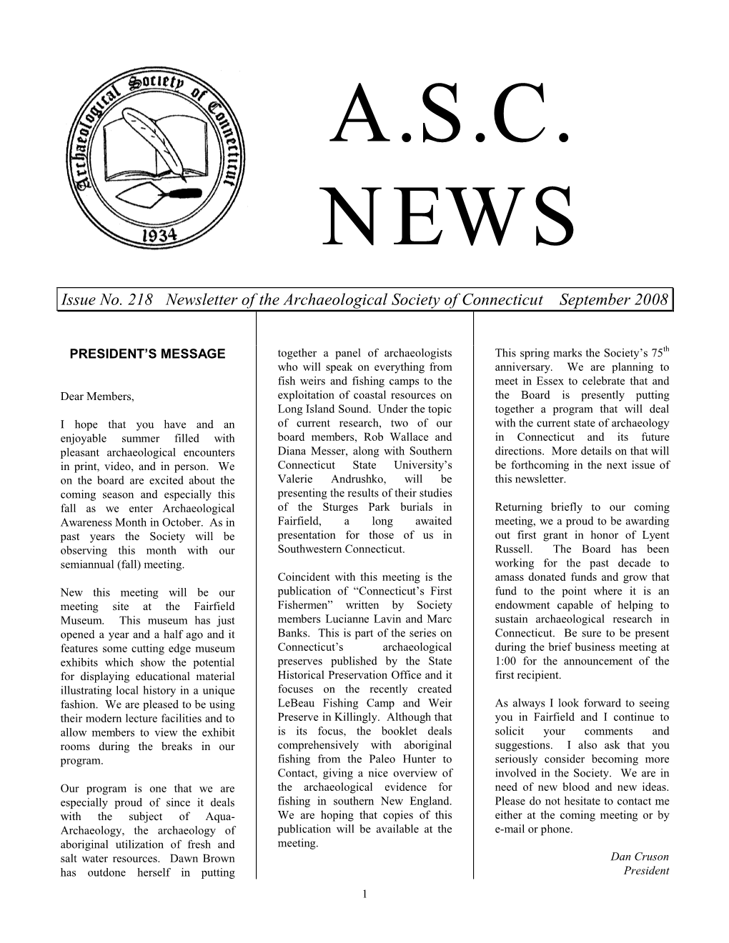 Issue No. 218 Newsletter of the Archaeological Society of Connecticut September 2008