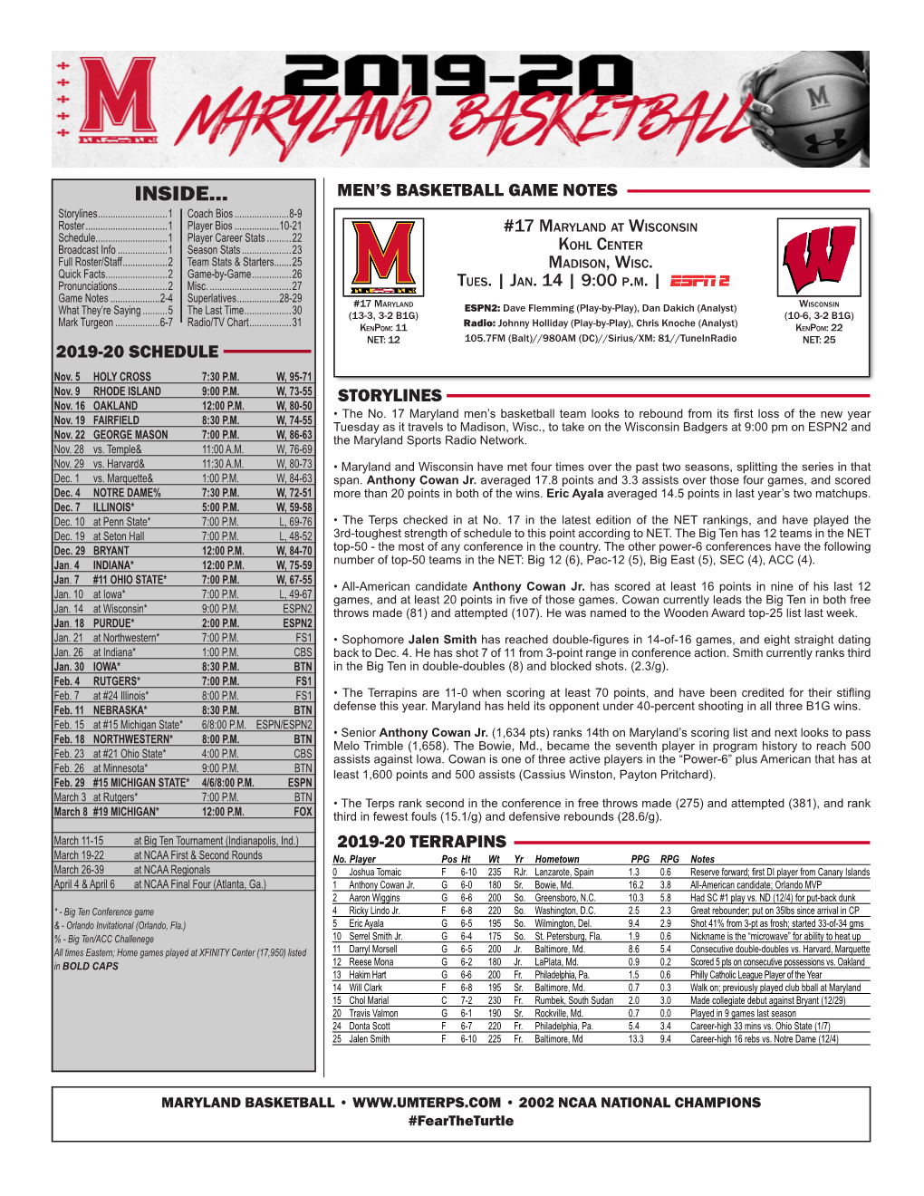 INSIDE... MEN’S BASKETBALL GAME NOTES Storylines