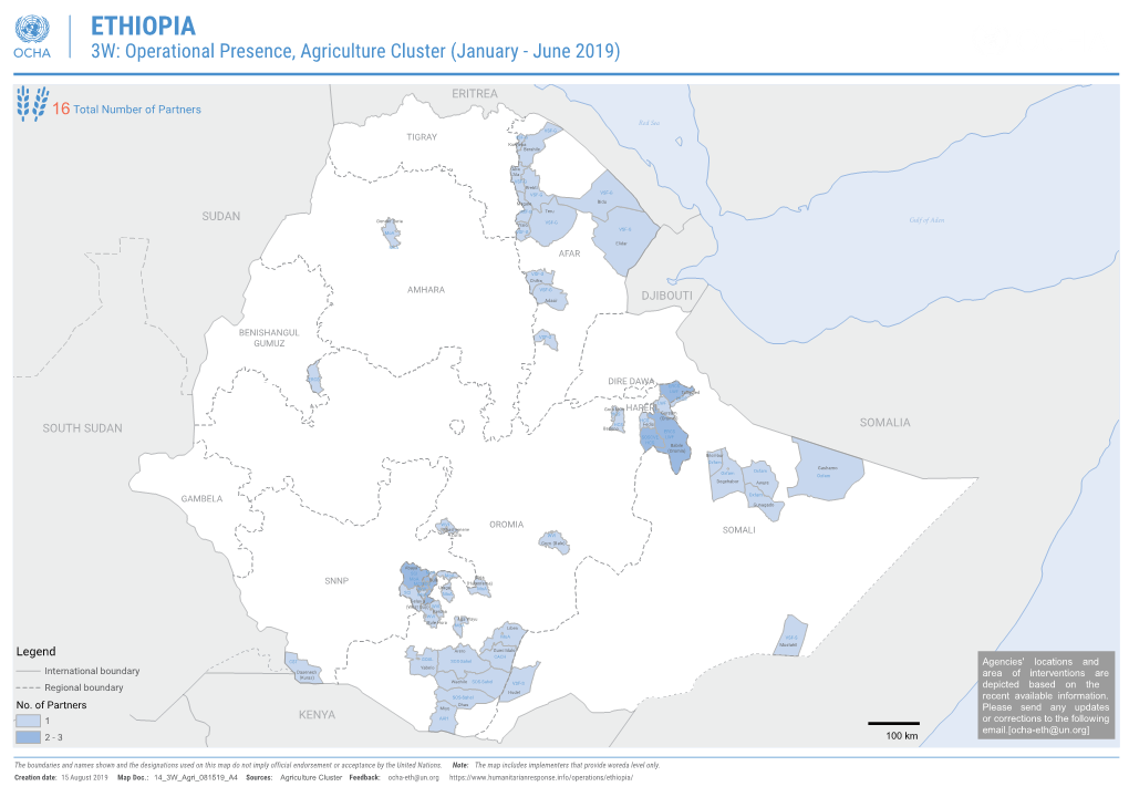 ETHIOPIA 3W: Operational Presence, Agriculture Cluster (January - June 2019)
