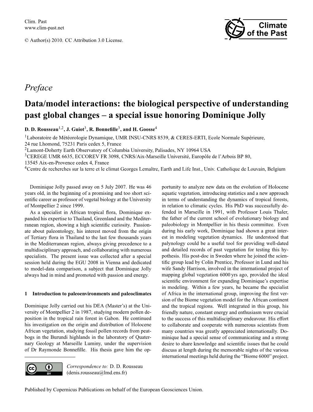 Preface Data/Model Interactions: the Biological Perspective of Understanding Past Global Changes – a Special Issue Honoring Dominique Jolly