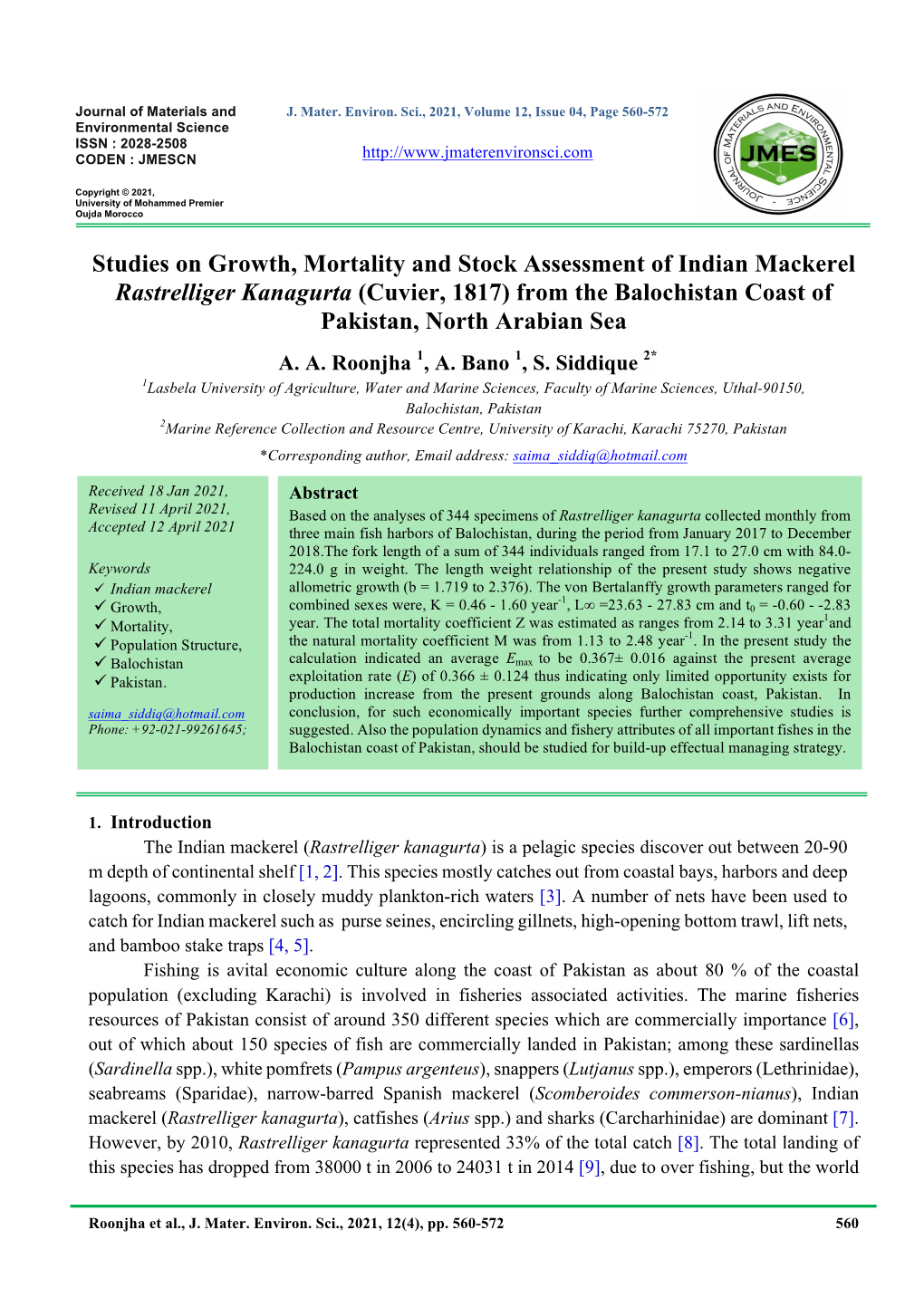 Studies on Growth, Mortality and Stock Assessment of Indian Mackerel Rastrelliger Kanagurta (Cuvier, 1817) from the Balochistan Coast Of