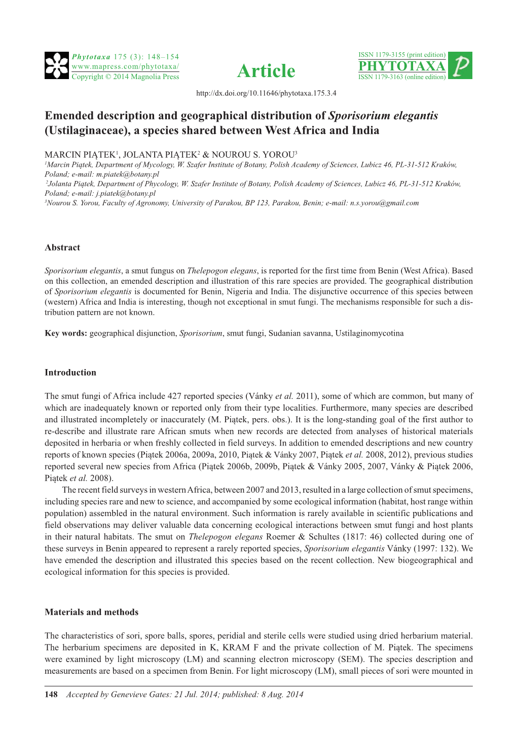 Emended Description and Geographical Distribution of Sporisorium Elegantis (Ustilaginaceae), a Species Shared Between West Africa and India