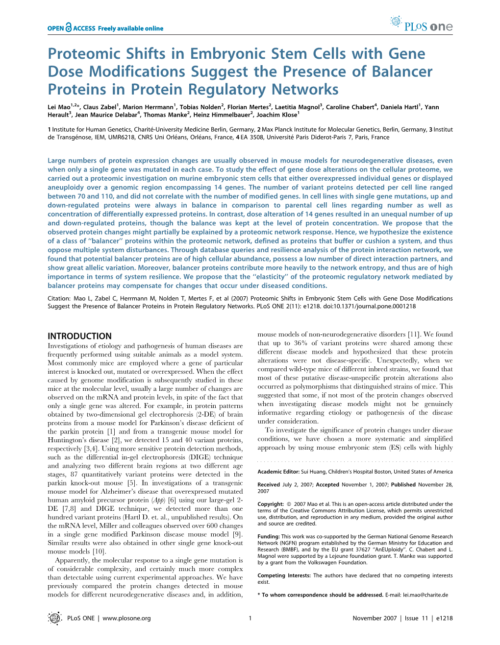 Proteomic Shifts in Embryonic Stem Cells with Gene