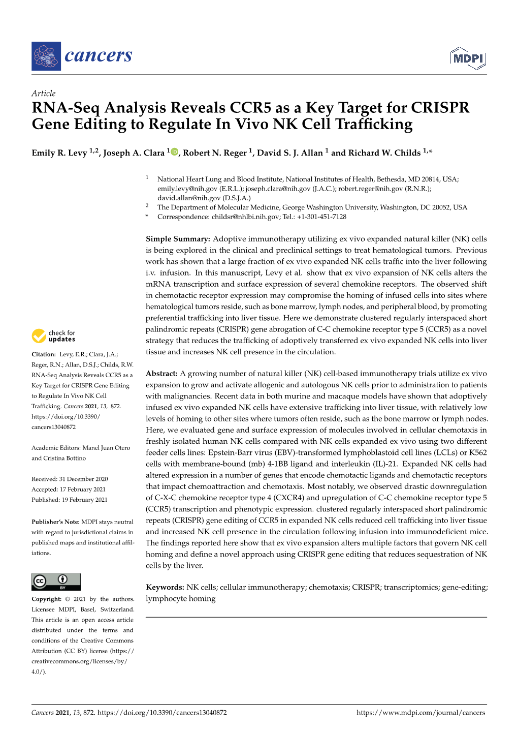 RNA-Seq Analysis Reveals CCR5 As a Key Target for CRISPR Gene Editing to Regulate in Vivo NK Cell Trafficking