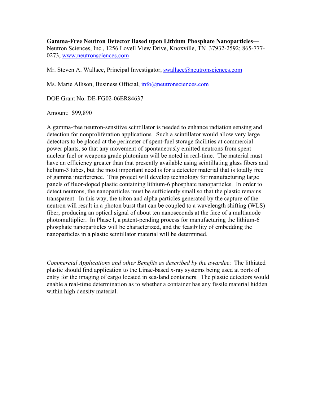 Gamma-Free Neutron Detector Based Upon Lithium