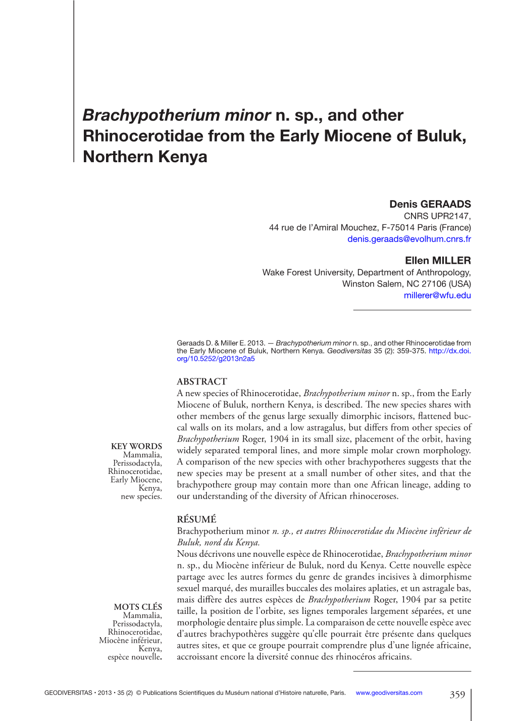 Brachypotherium Minor N. Sp., and Other Rhinocerotidae from the Early Miocene of Buluk, Northern Kenya