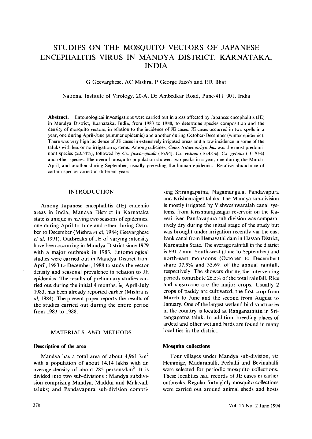 Studies on the Mosquito Vectors of Japanese Encephalitis Virus in Mandya District, Karnataka, India
