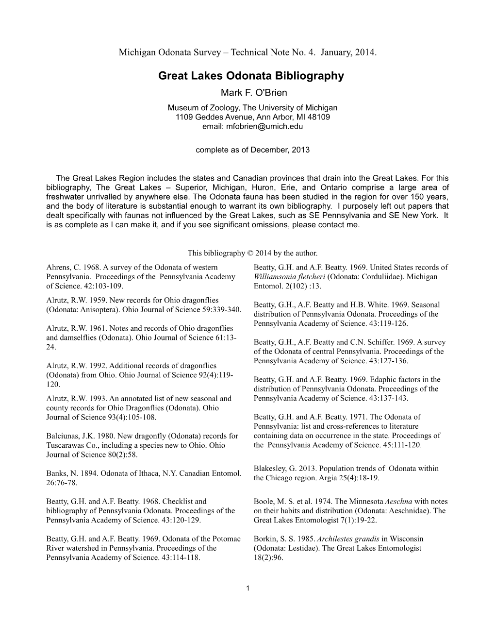 Great Lakes Odonata Bibliography Mark F