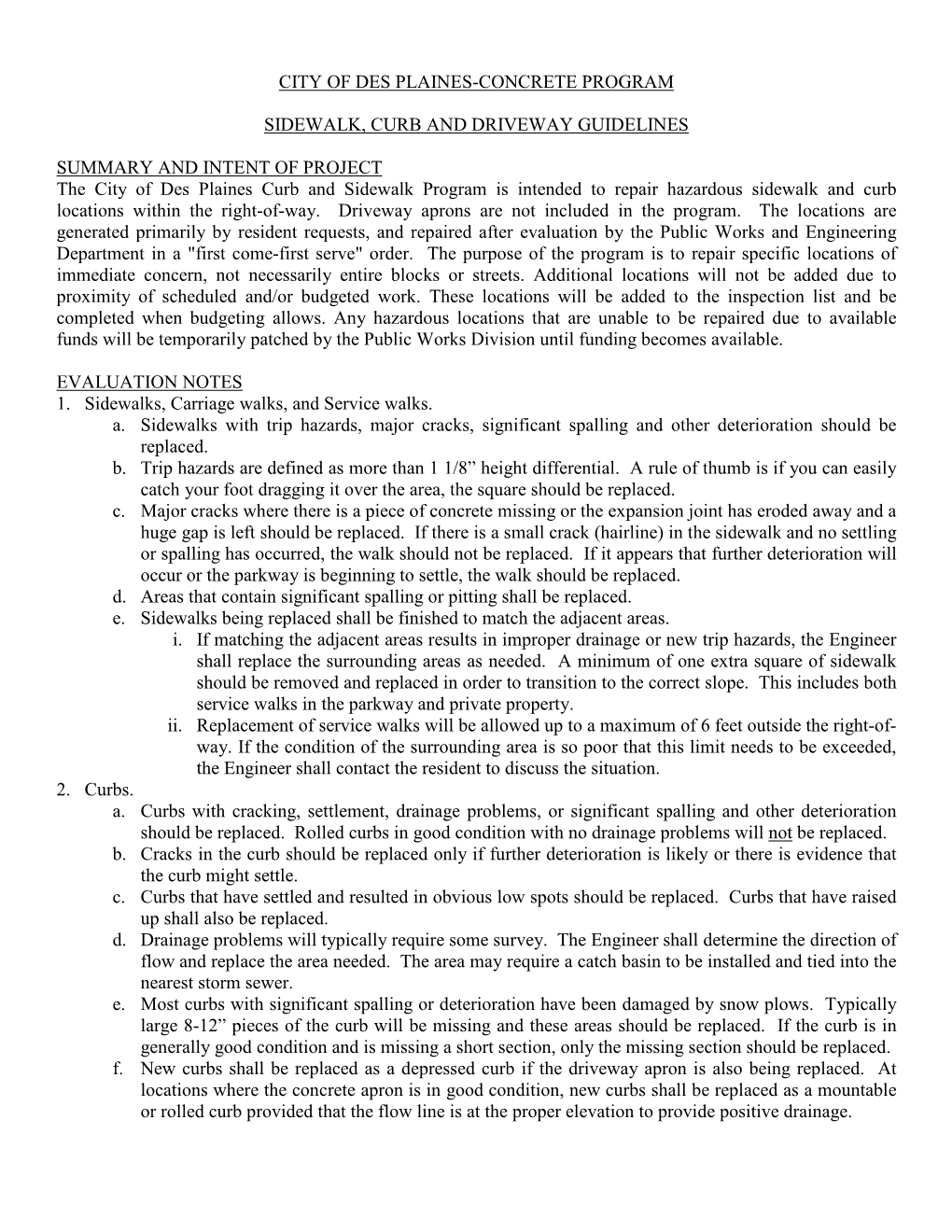 Sidewalk, Curb and Driveway Guidelines