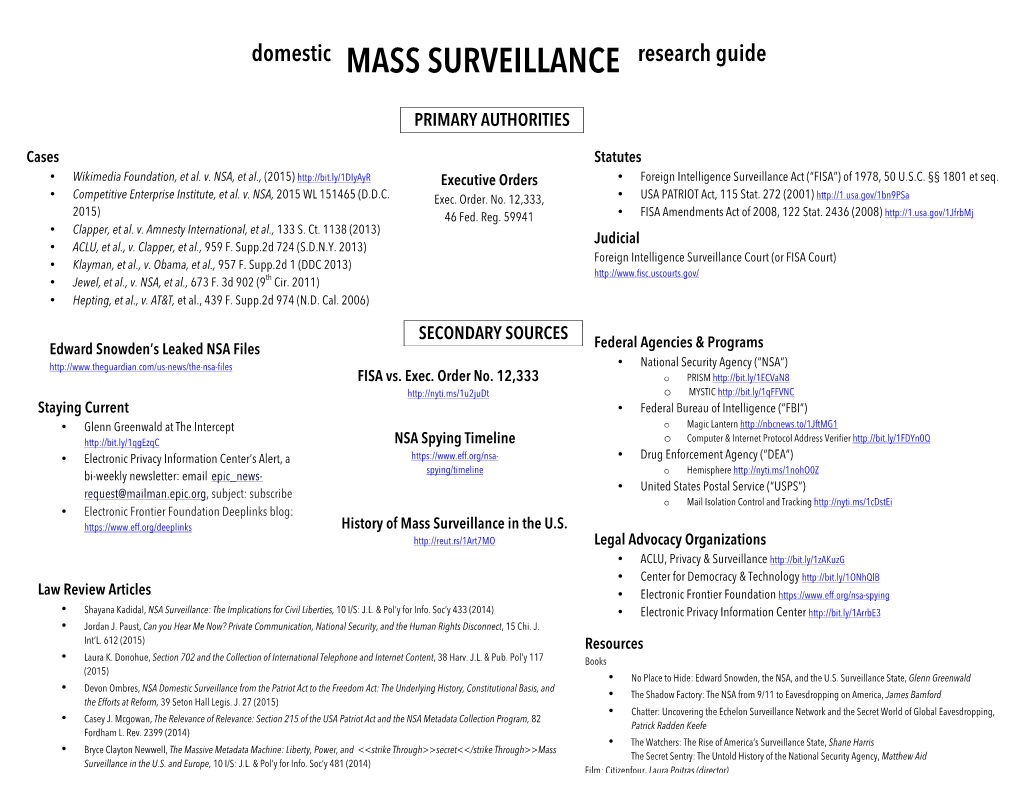 Domestic MASS SURVEILLANCE Research Guide