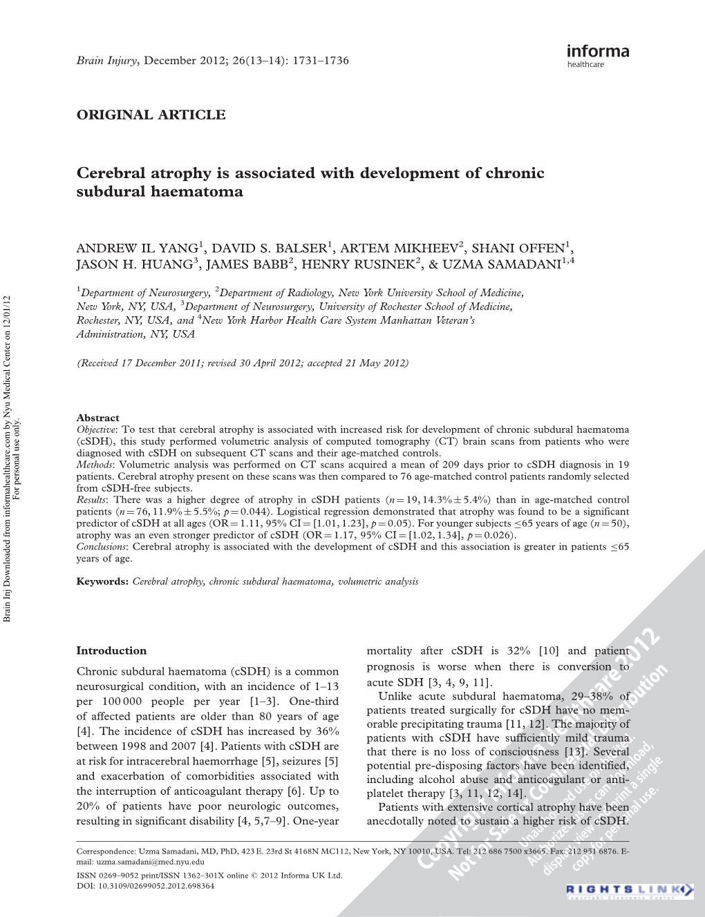 Cerebral Atrophy Is Associated with Development of Chronic Subdural Haematoma