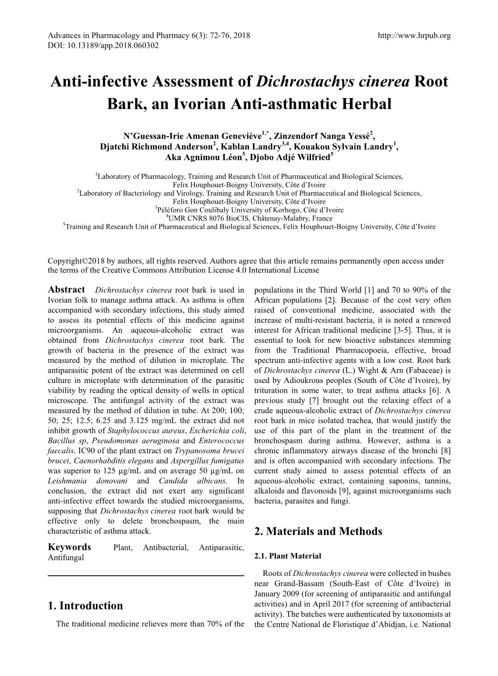 Anti-Infective Assessment of Dichrostachys Cinerea Root Bark, an Ivorian Anti-Asthmatic Herbal