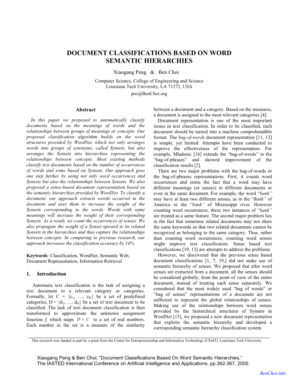 Document Classifications Based on Word Semantic Hierarchies