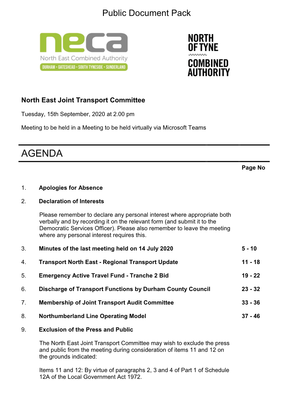 Agenda Document for North East Joint Transport Committee, 15/09/2020