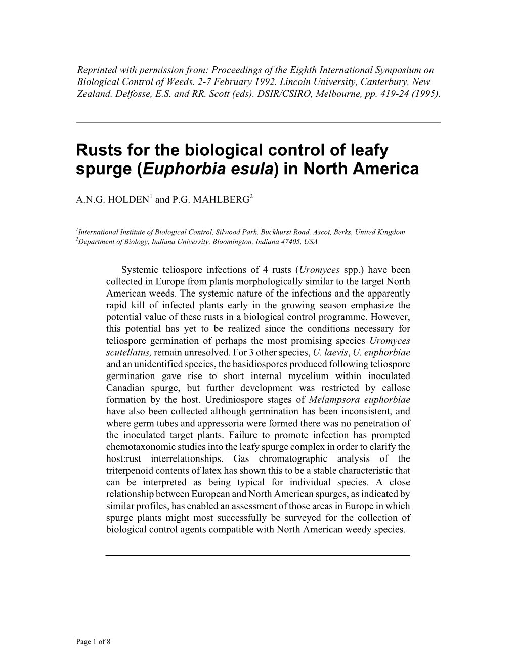Rusts for the Biological Control of Leafy Spurge (Euphorbia Esula) in North America