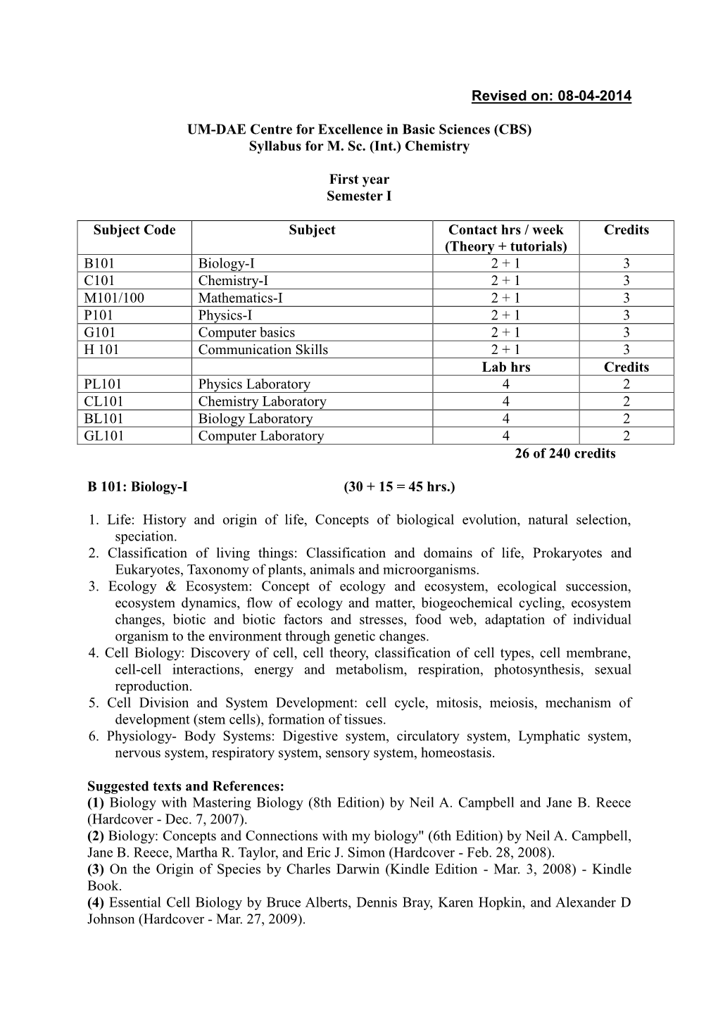 (CBS) Syllabus for M. Sc. (Int.) Chemistry First Year Seme