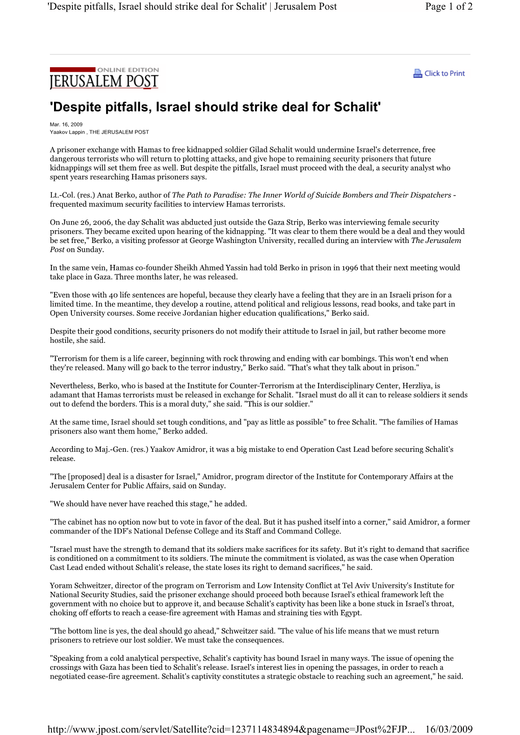 'Despite Pitfalls, Israel Should Strike Deal for Schalit' | Jerusalem Post Page 1 of 2