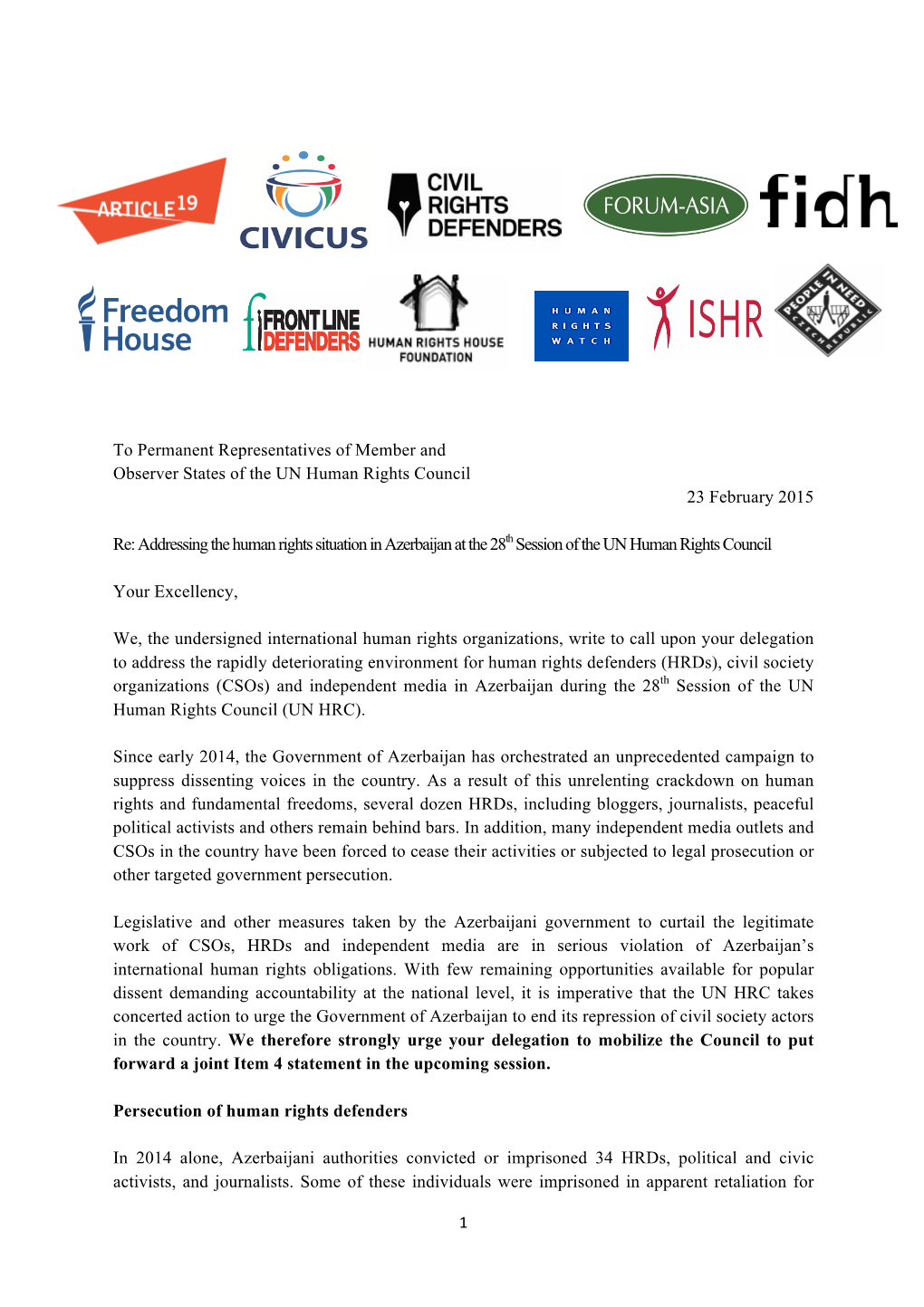 1 to Permanent Representatives of Member and Observer States of the UN Human Rights Council 23 February 2015 Re: Addressing Th