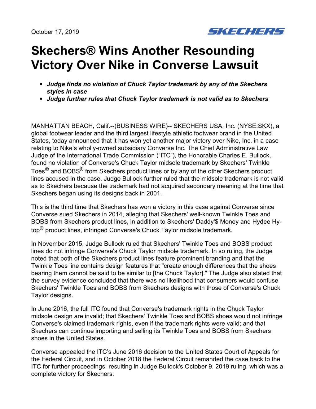 Skechers® Wins Another Resounding Victory Over Nike in Converse Lawsuit