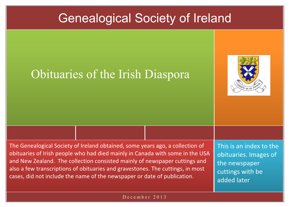 Obituaries of the Irish Diaspora Genealogical Society of Ireland