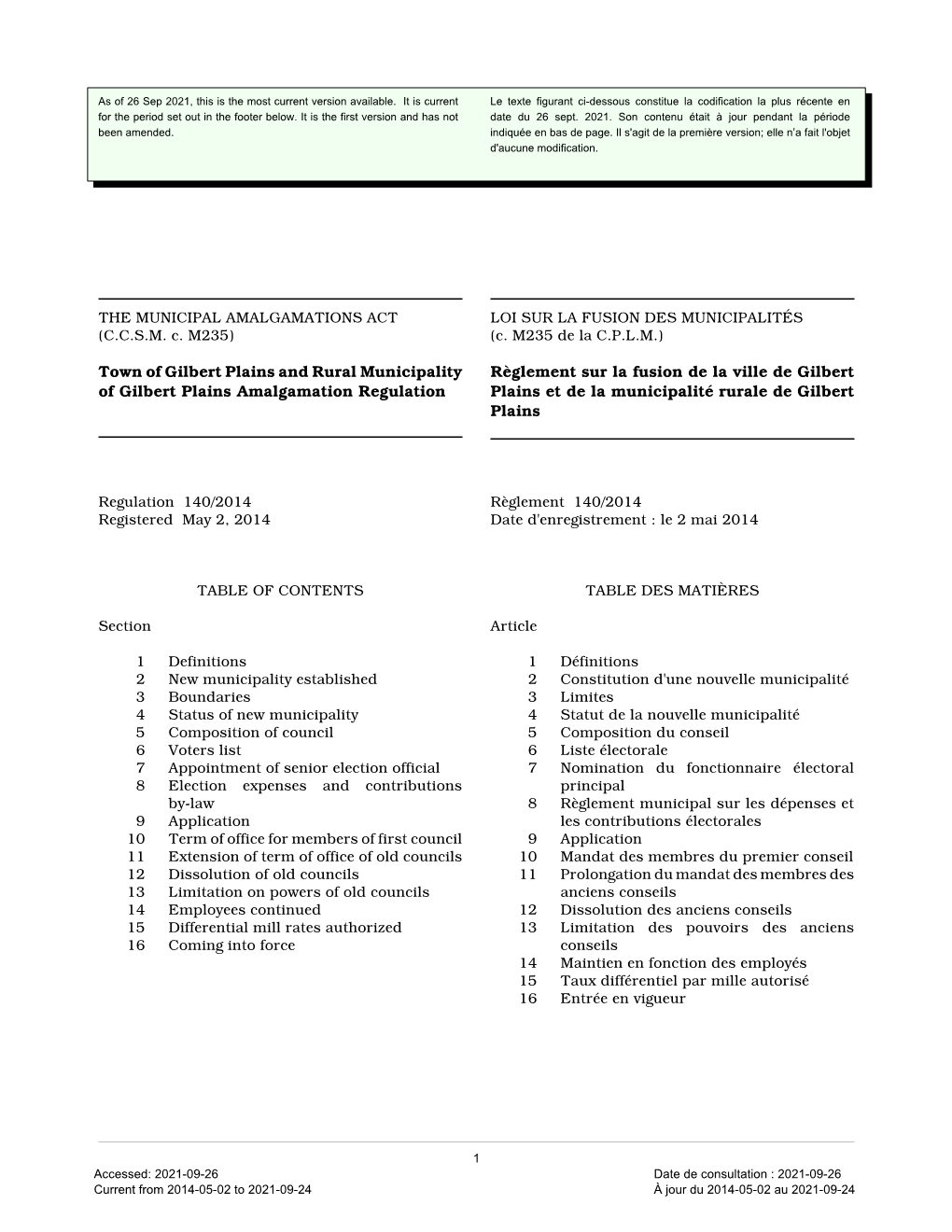 Town of Gilbert Plains and Rural Municipality of Gilbert Plains Amalgamation Regulation, M.R. 140/2014