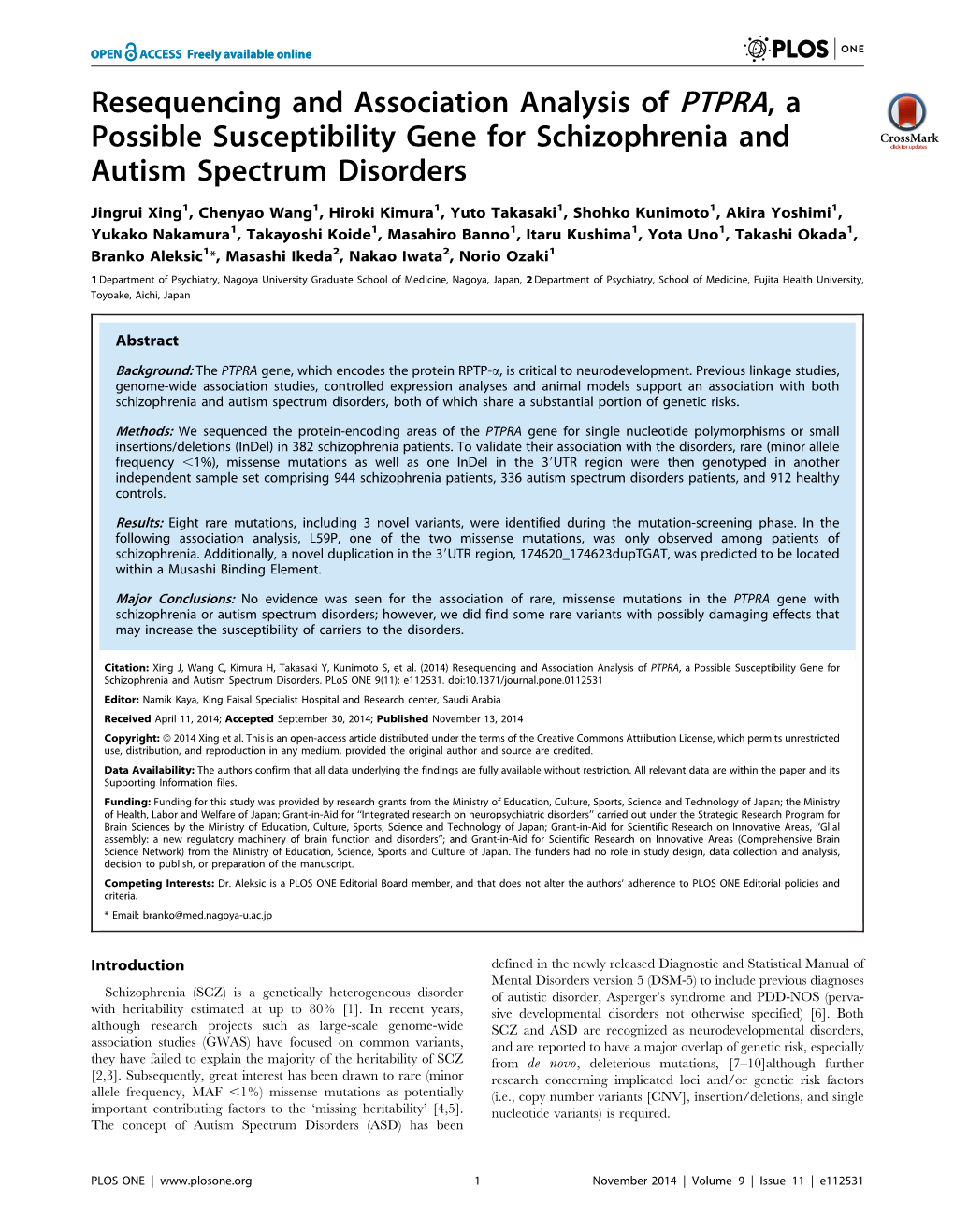 Resequencing and Association Analysis of PTPRA, a Possible Susceptibility Gene for Schizophrenia and Autism Spectrum Disorders