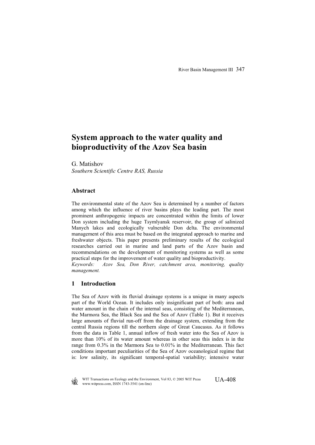 System Approach to the Water Quality and Bioproductivity of the Azov Sea Basin