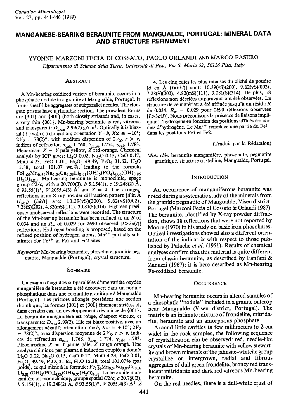 Manganese-Bearing Beraunite from Mangualde, Portugal: Mineral Data and Structure Refinement