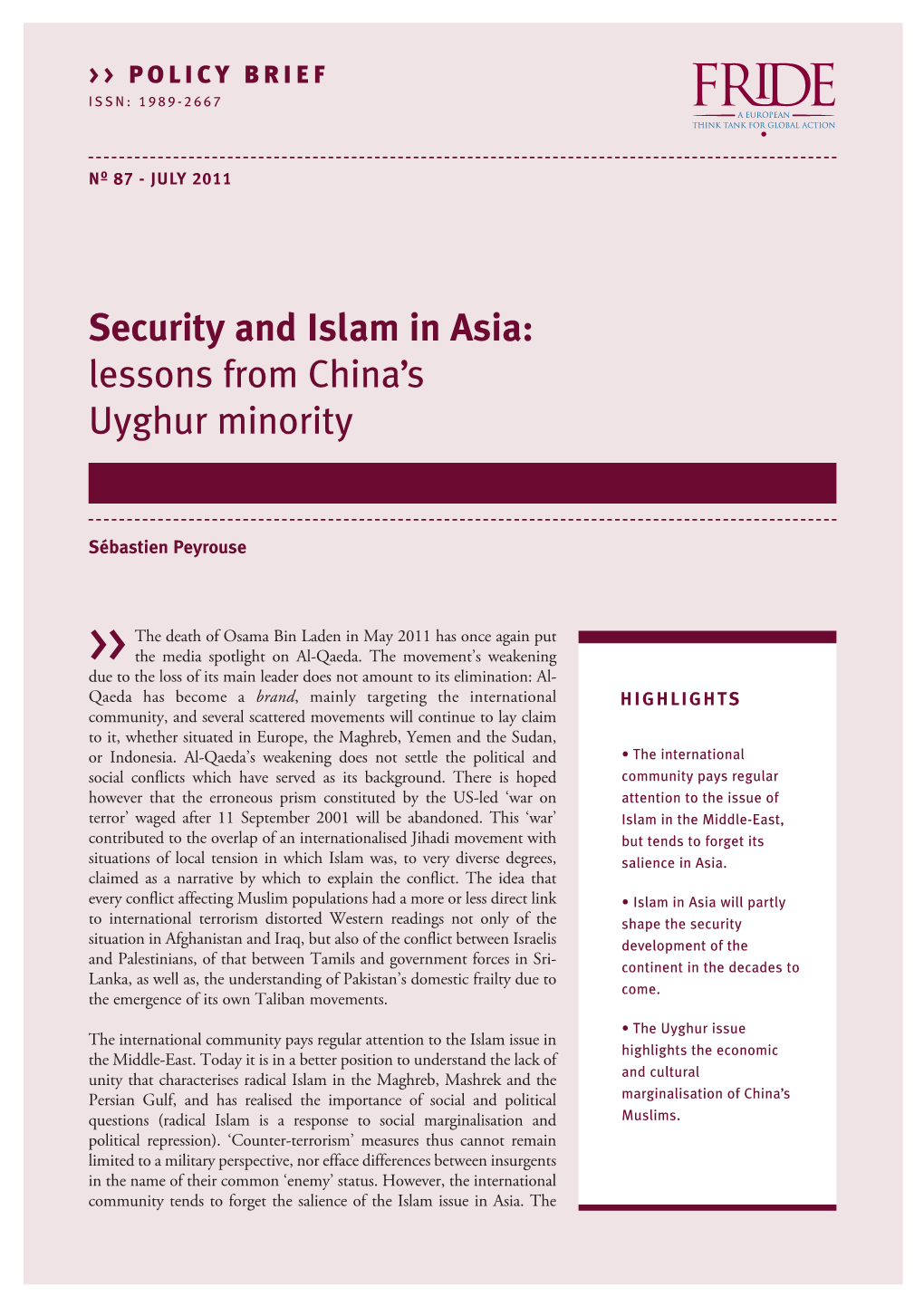 Security and Islam in Asia: Lessons from China’S Uyghur Minority