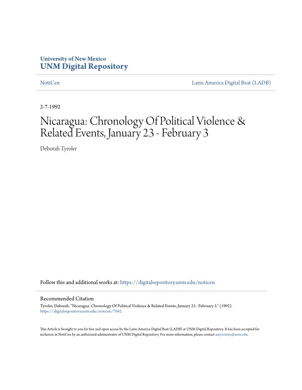 Nicaragua: Chronology of Political Violence & Related Events, January 23 - February 3 Deborah Tyroler