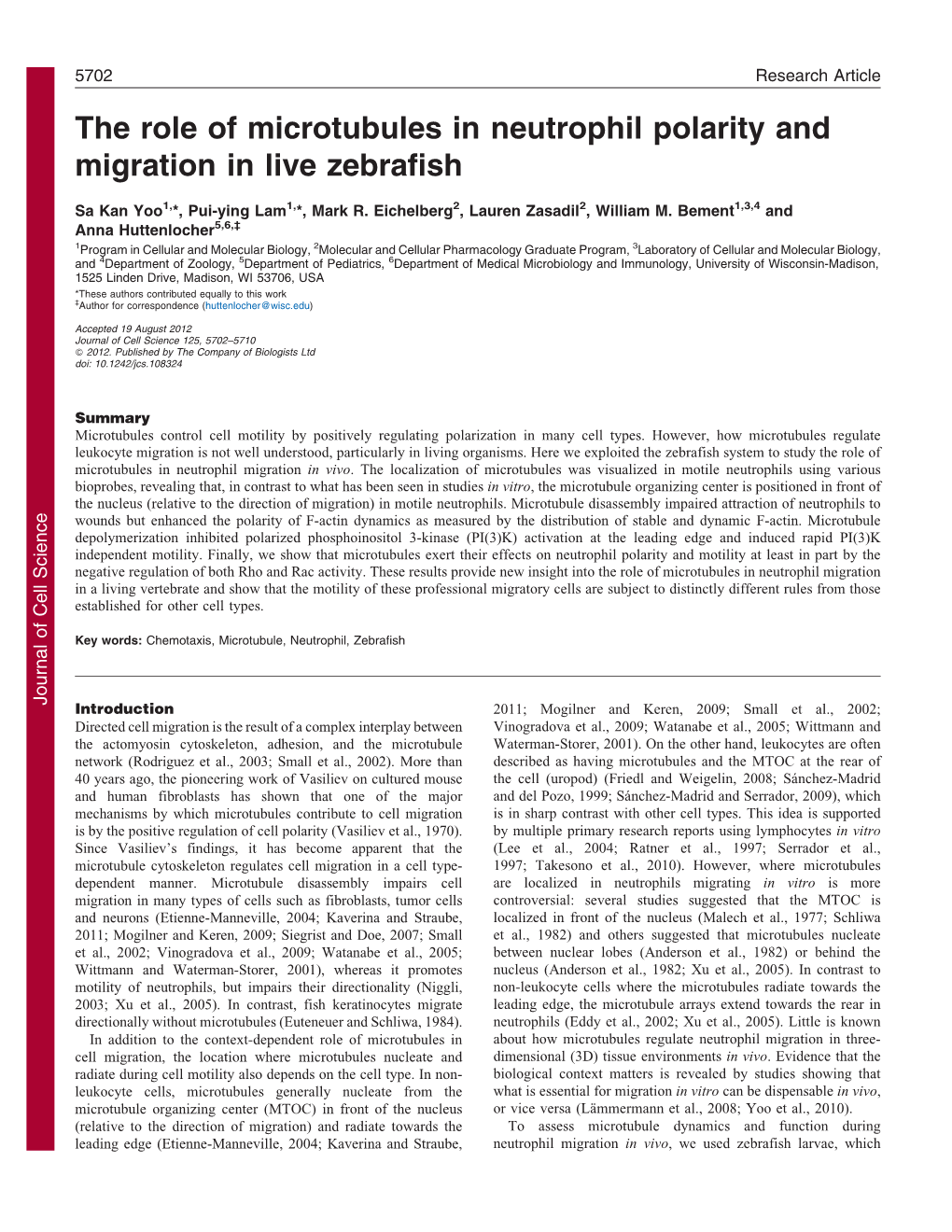 The Role of Microtubules in Neutrophil Polarity and Migration in Live Zebrafish