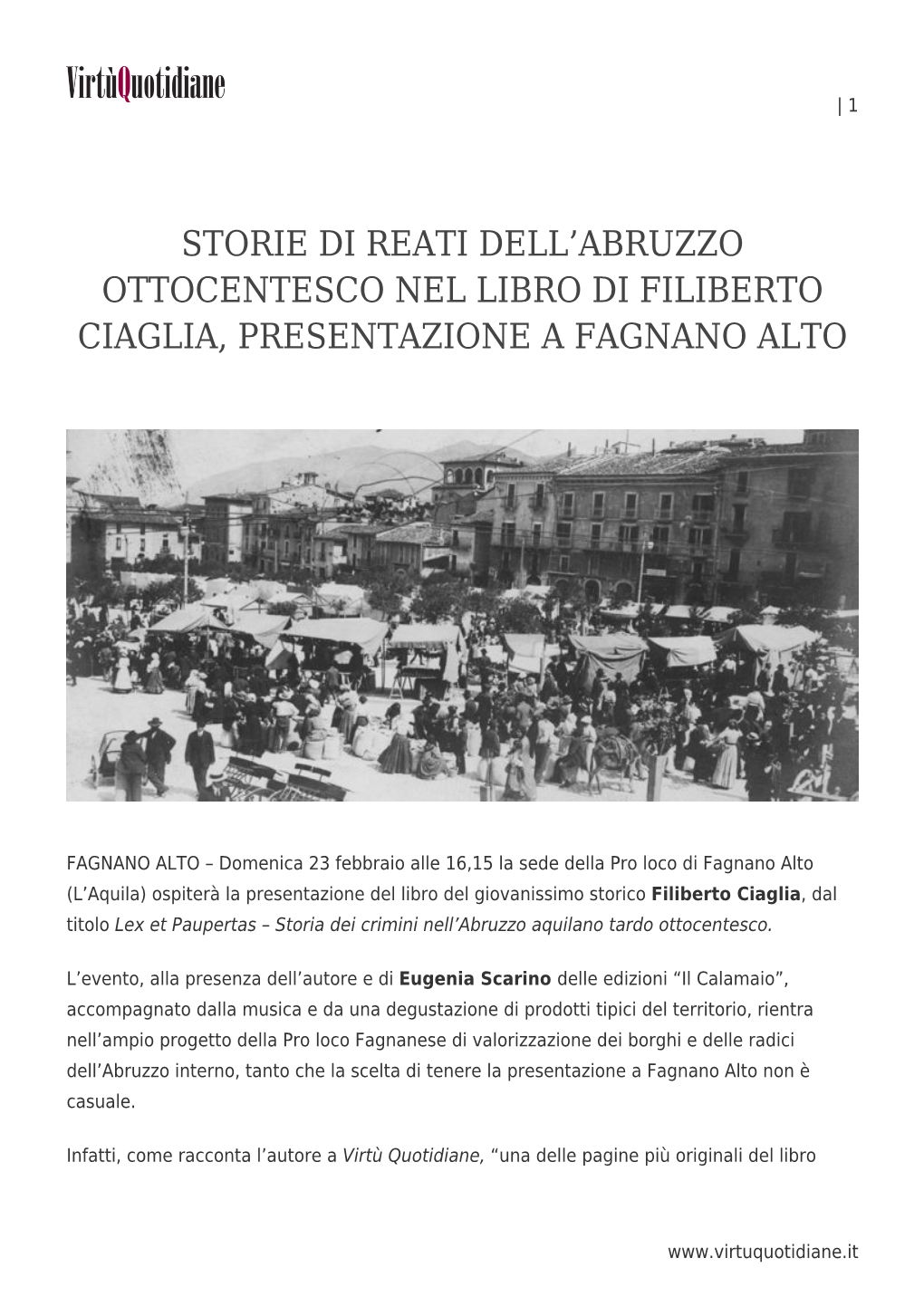 Abruzzo Ottocentesco Nel Libro Di Filiberto Ciaglia, Presentazione a Fagnano Alto