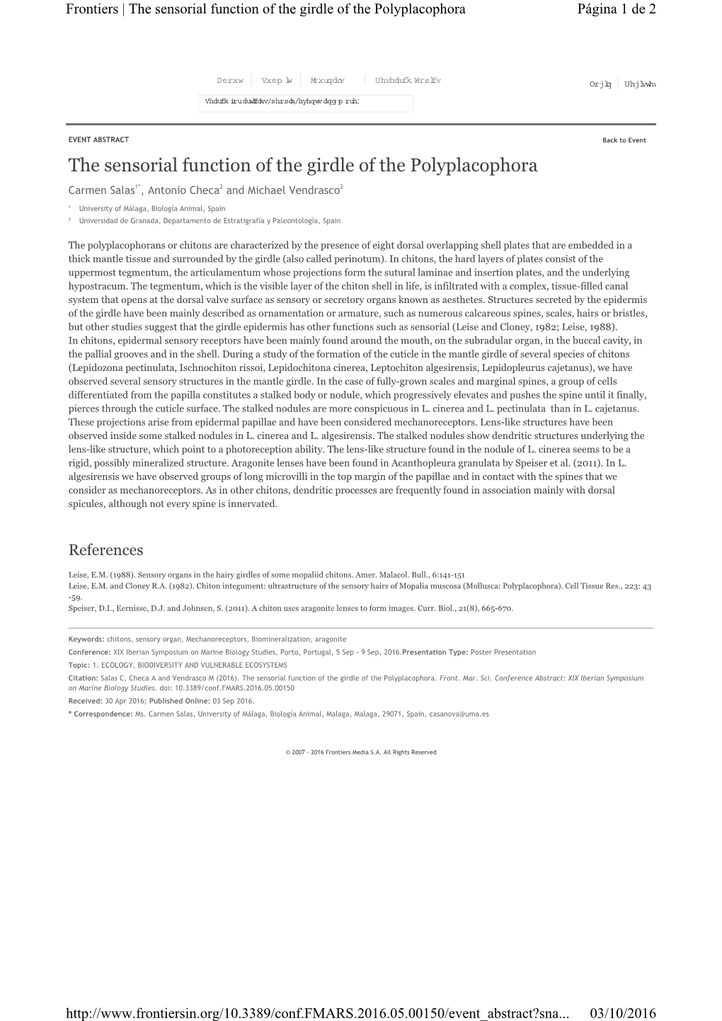 Salas Et Al. the Sensorial Function of the Girdle of the Polyplacophora