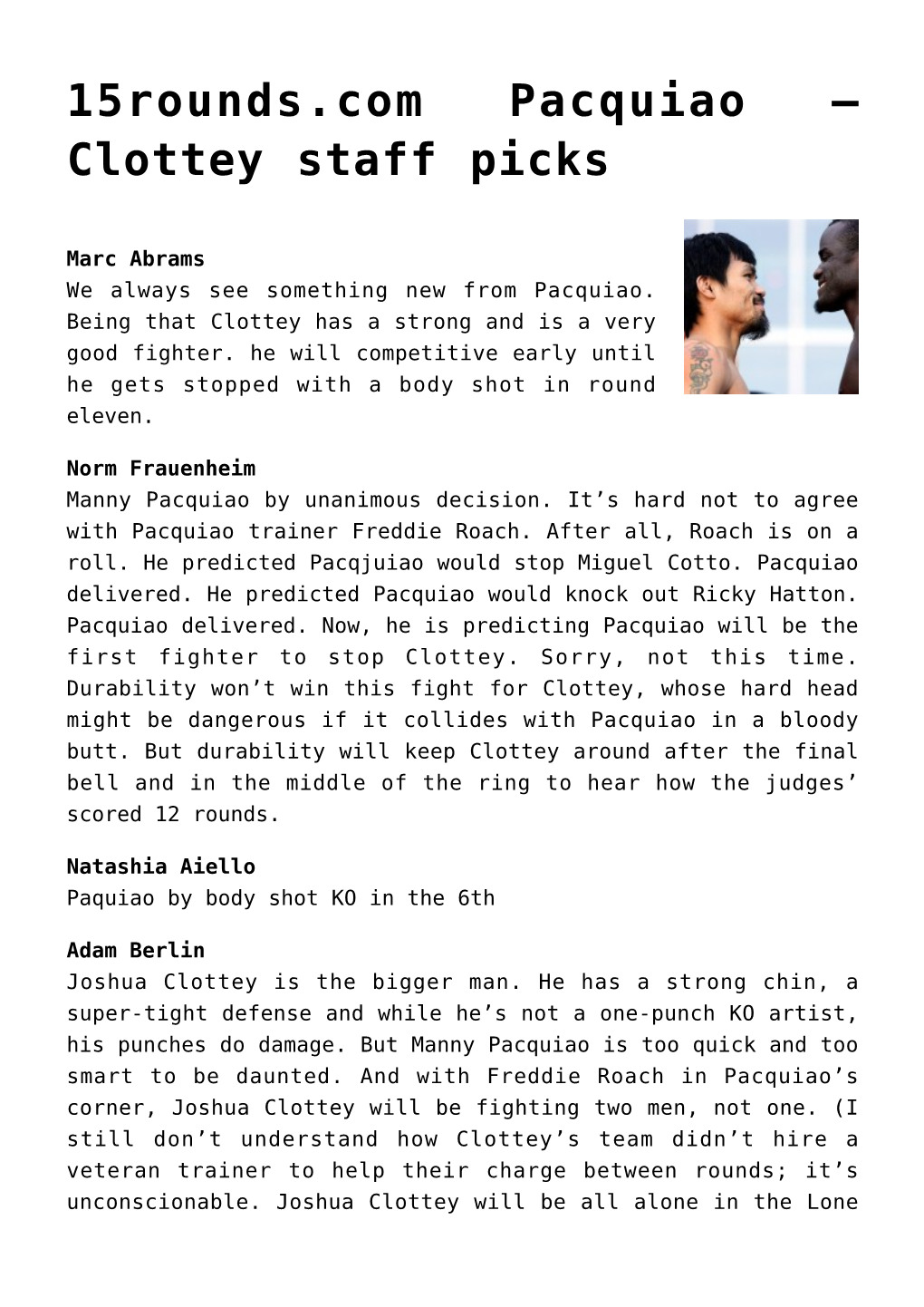 15Rounds.Com Pacquiao &#8211; Clottey Staff Picks