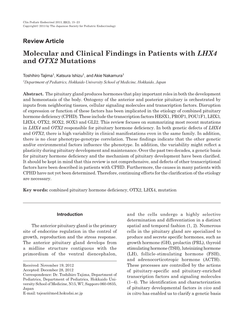 Molecular and Clinical Findings in Patients with LHX4 and OTX2 Mutations