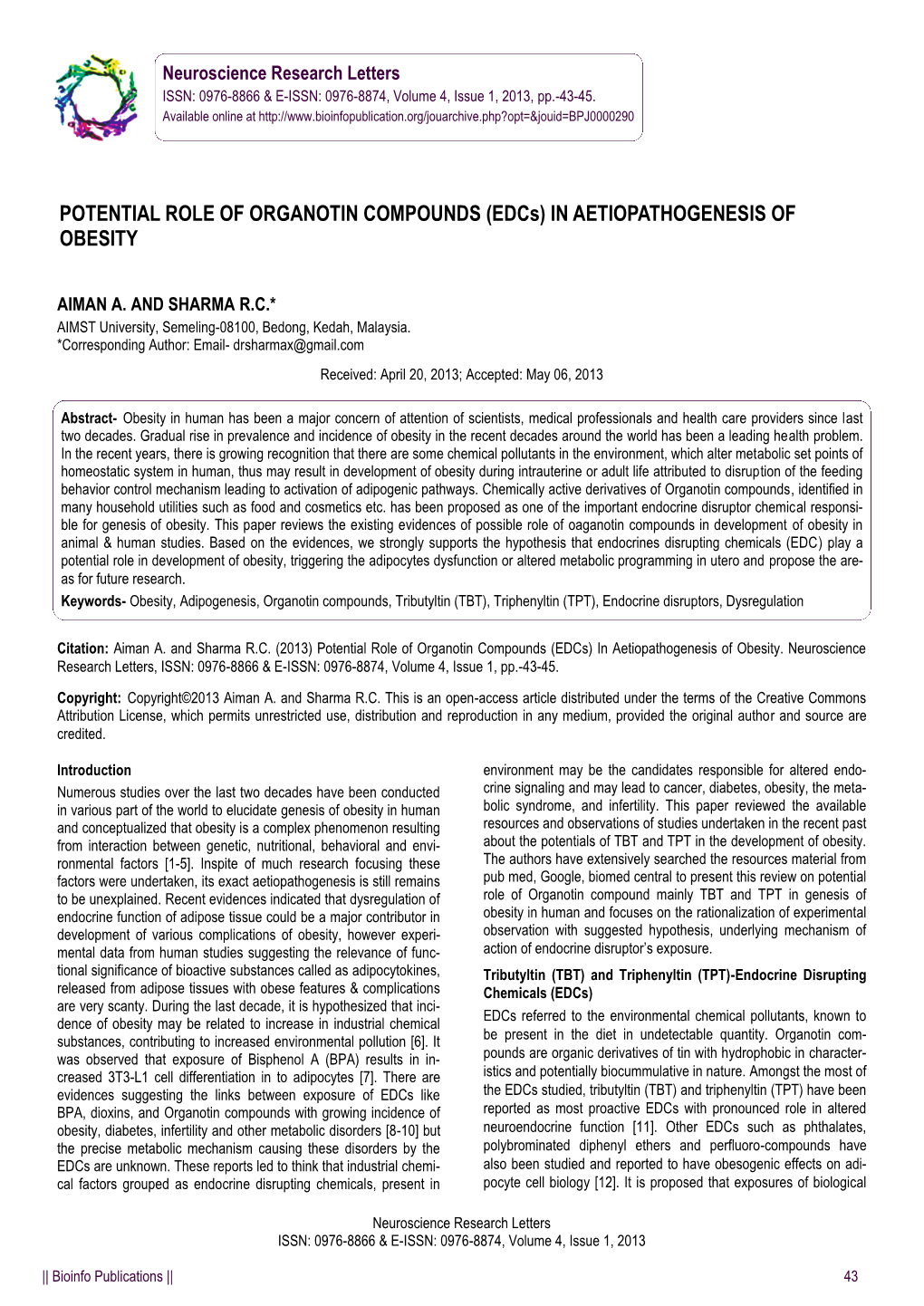 POTENTIAL ROLE of ORGANOTIN COMPOUNDS (Edcs) in AETIOPATHOGENESIS of OBESITY