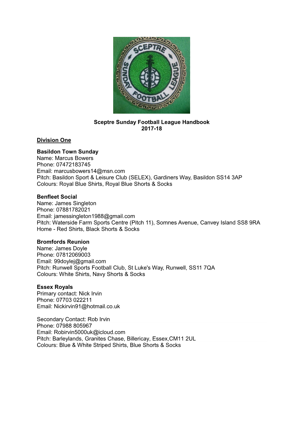 Sceptre Sunday Football League Handbook 2017-18