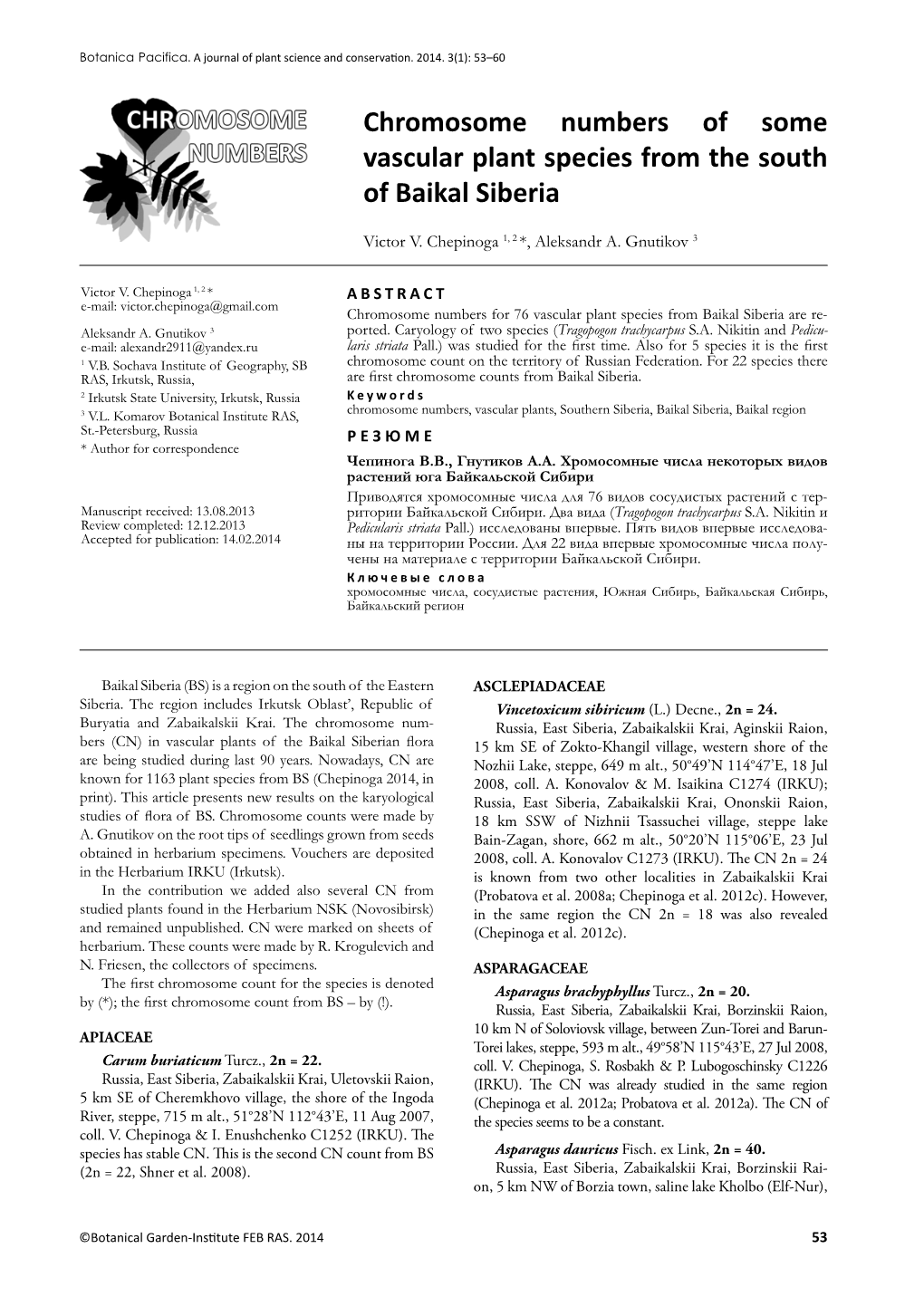 Chromosome Numbers of Some Vascular Plant Species from the South of Baikal Siberia