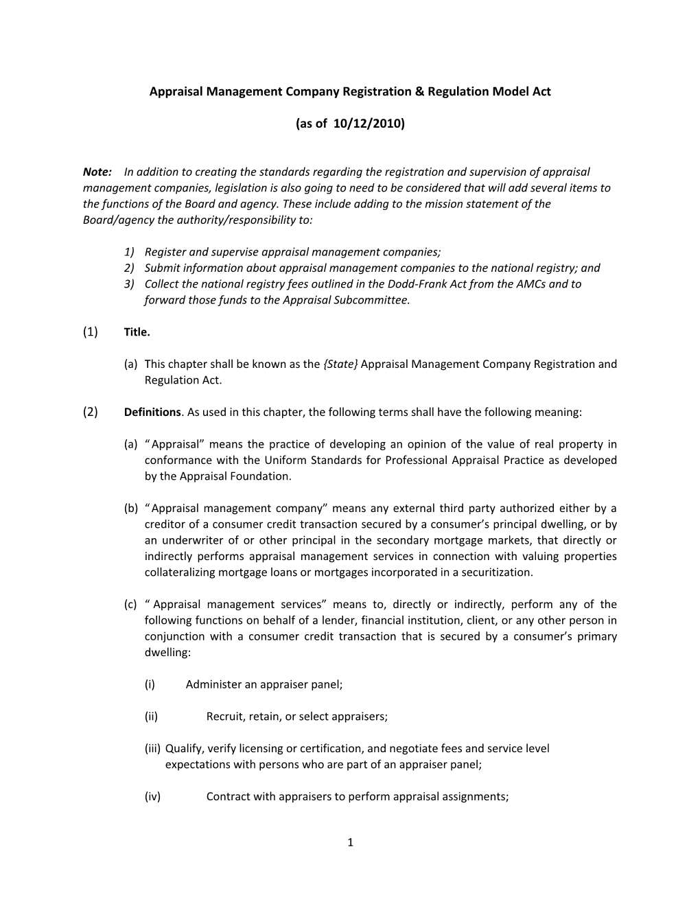 Appraisal Management Company Registration & Regulation Model Act