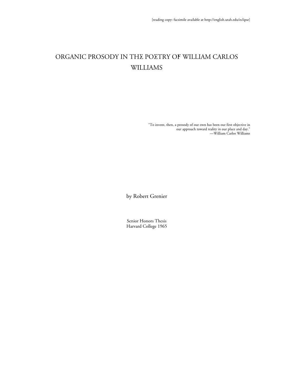 Organic Prosody in the Poetry of William Carlos Williams