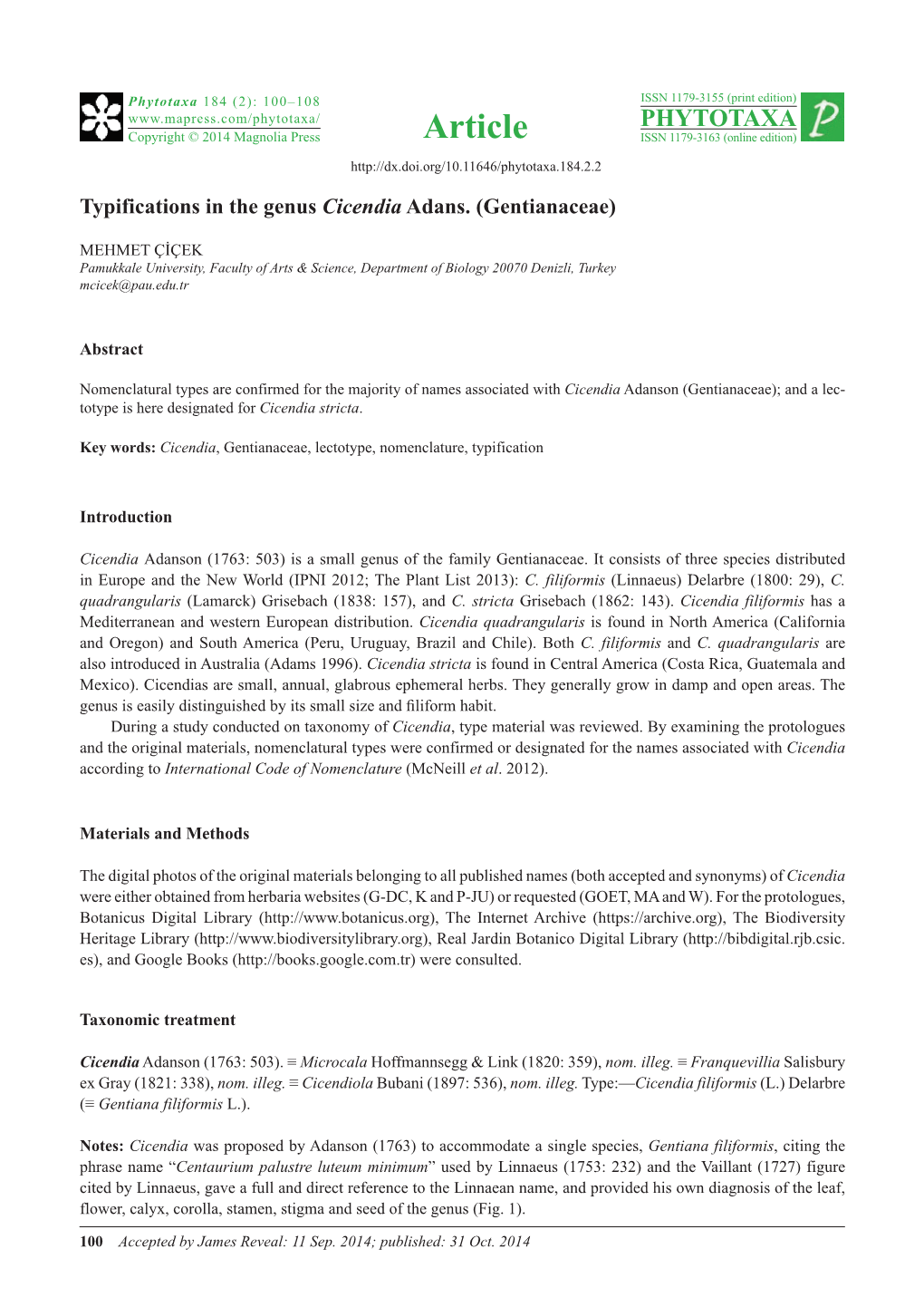 Typifications in the Genus Cicendia Adans. (Gentianaceae)