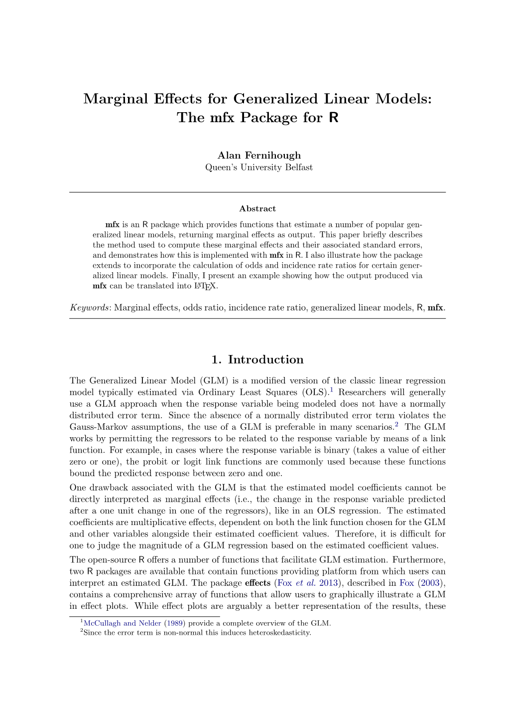 Marginal Effects for Generalized Linear Models: the Mfx Package for R