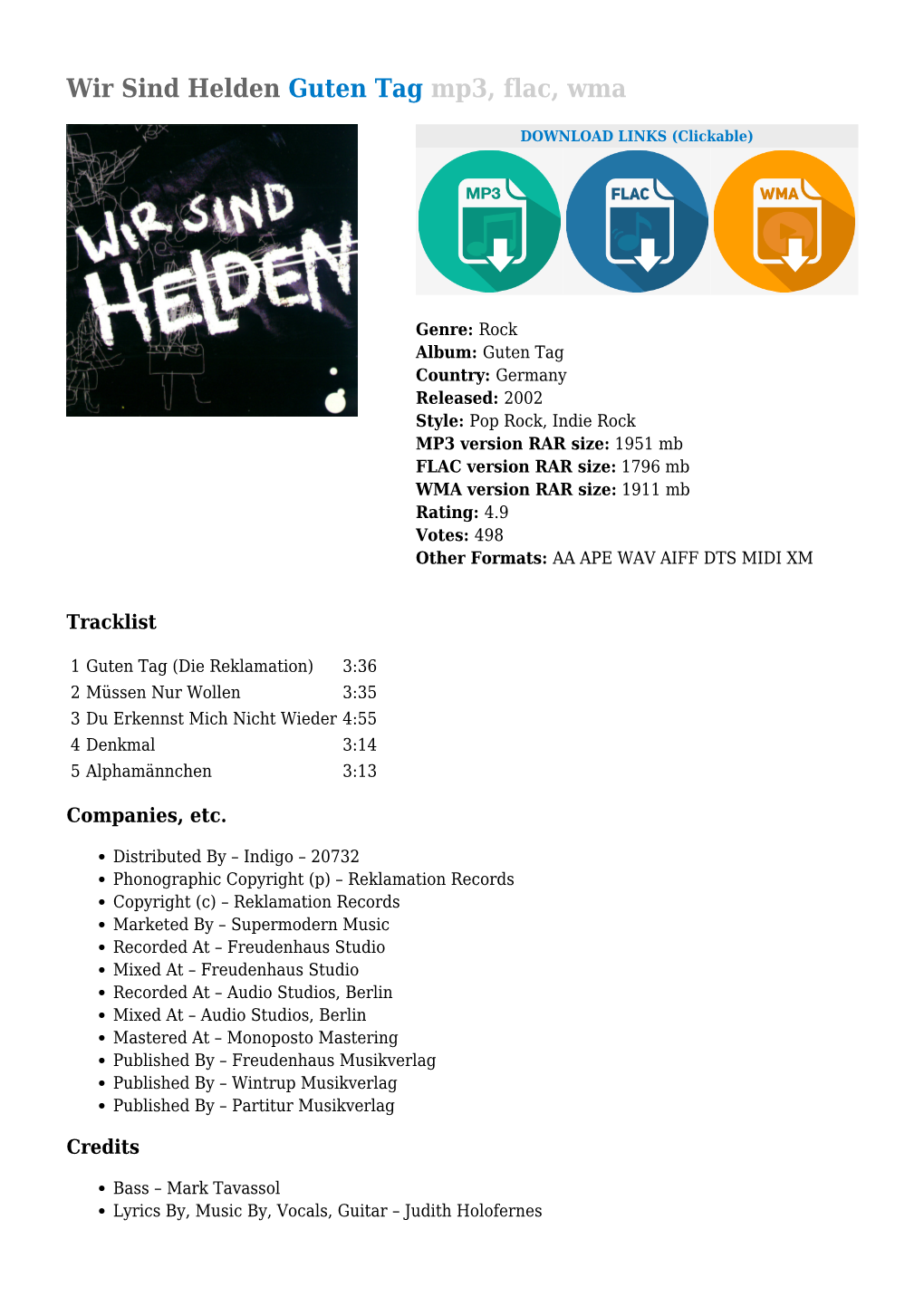 Wir Sind Helden Guten Tag Mp3, Flac, Wma