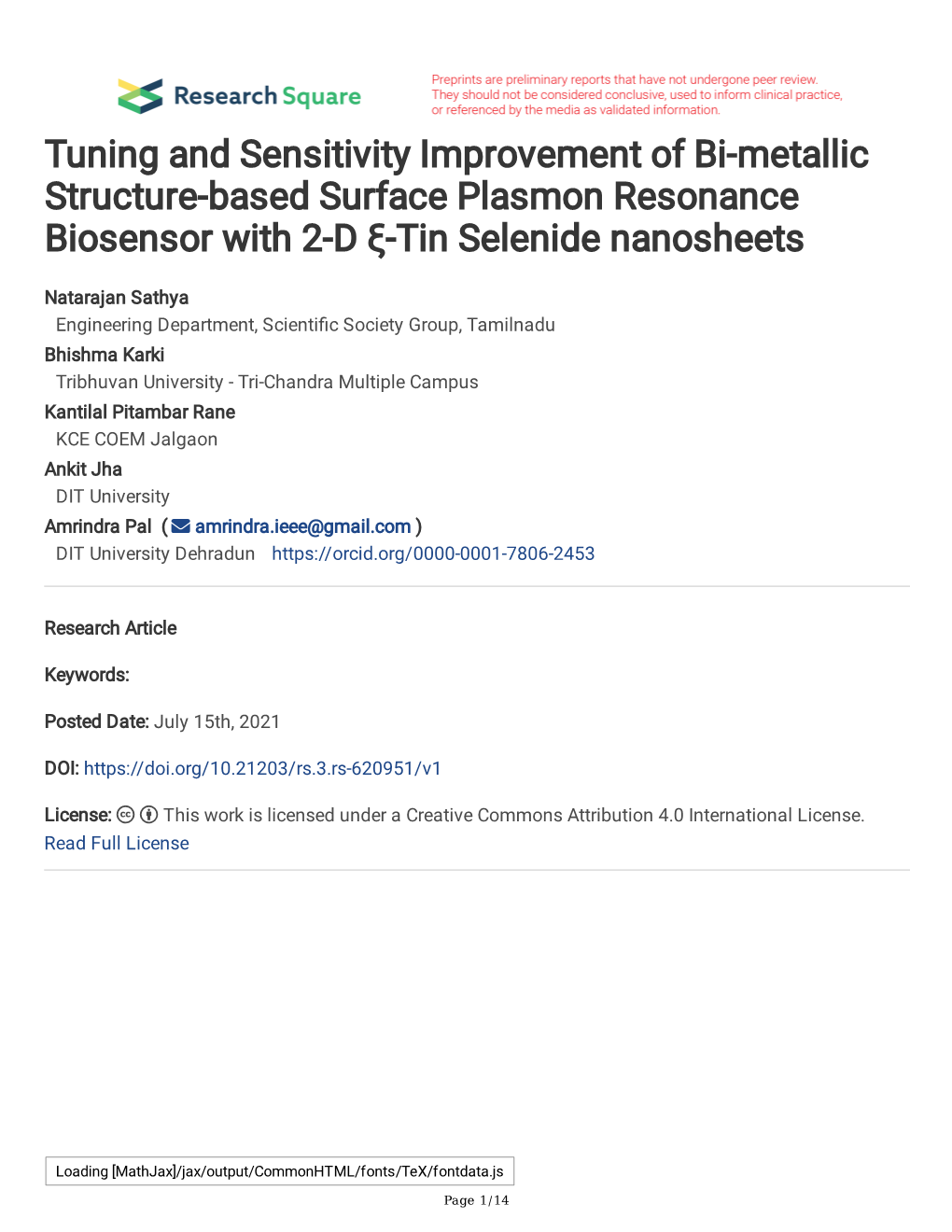 Tuning and Sensitivity Improvement of Bi-Metallic Structure-Based Surface Plasmon Resonance Biosensor with 2-D Ξ-Tin Selenide Nanosheets